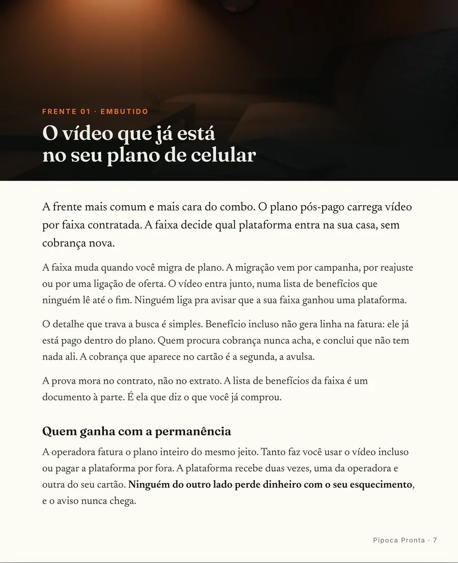 Abertura de frente: Cada frente abre em cena, do vídeo que já vem no plano de celular à cobrança nascida de um teste grátis