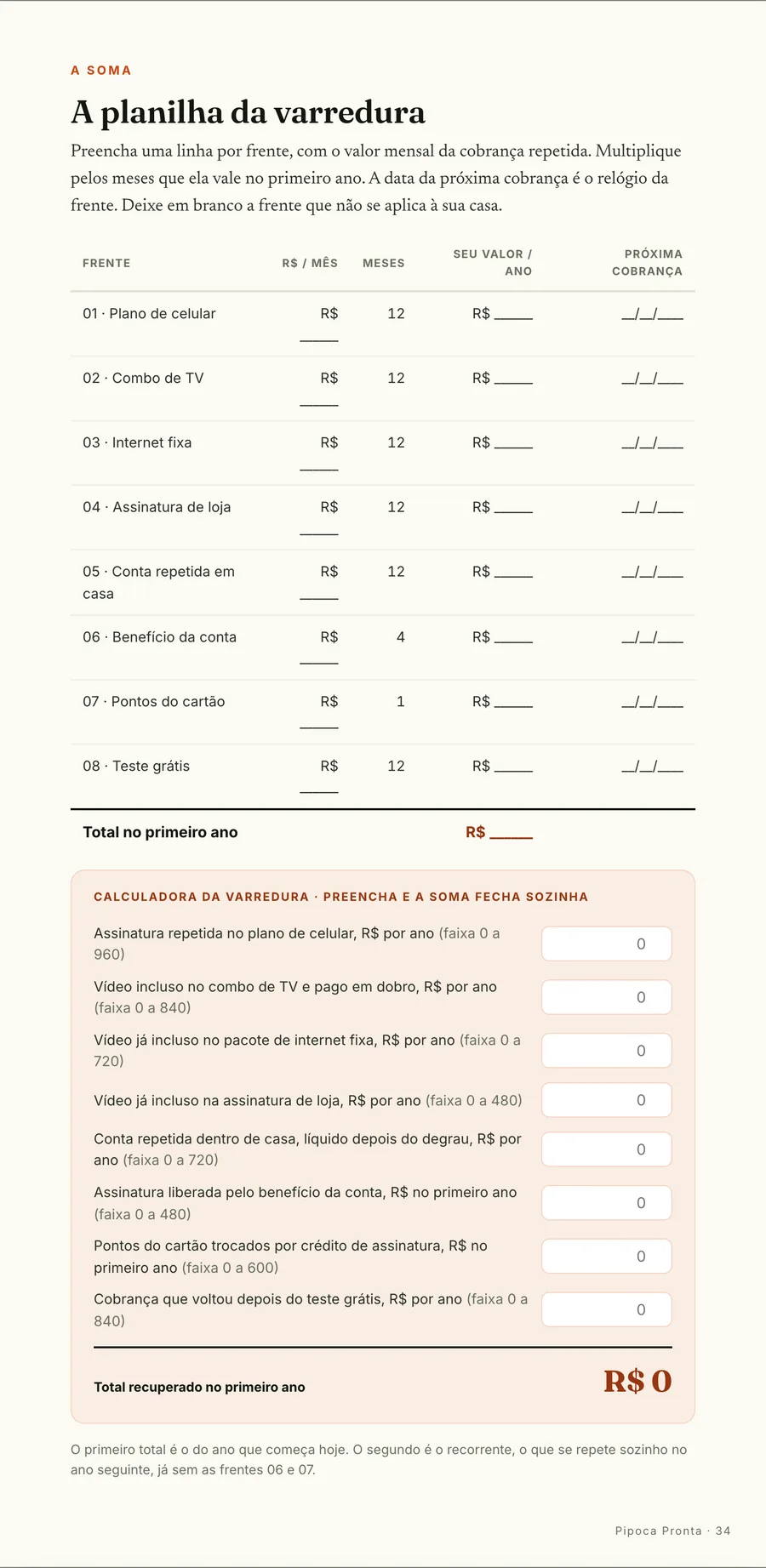 Calculadora: A planilha da varredura: você lança a cobrança repetida de cada frente e o valor do ano fecha sozinho