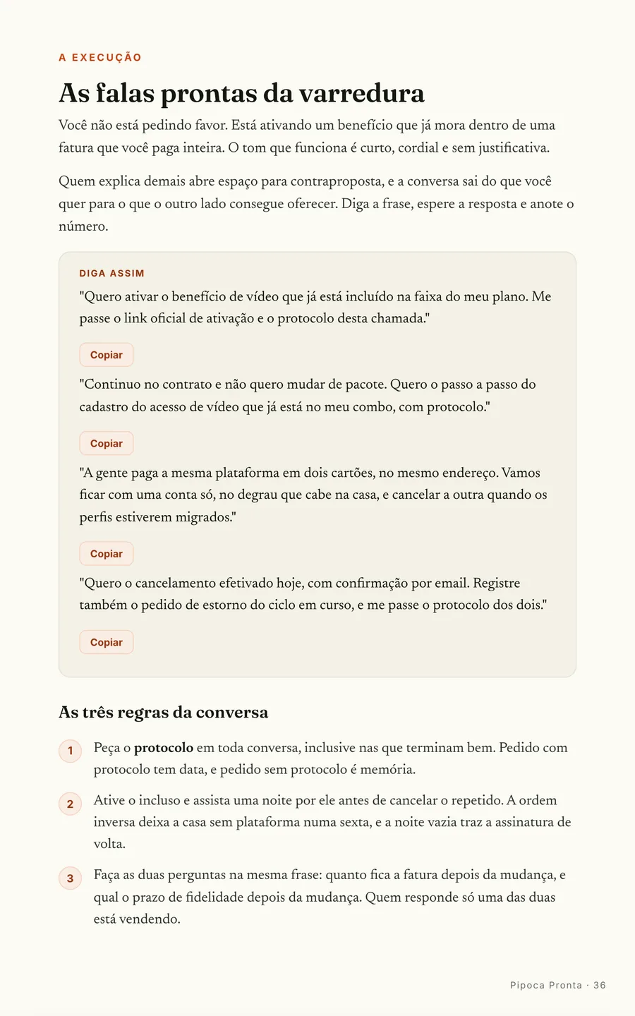 Falas prontas: As falas da varredura pro atendimento, com as regras da conversa ao lado